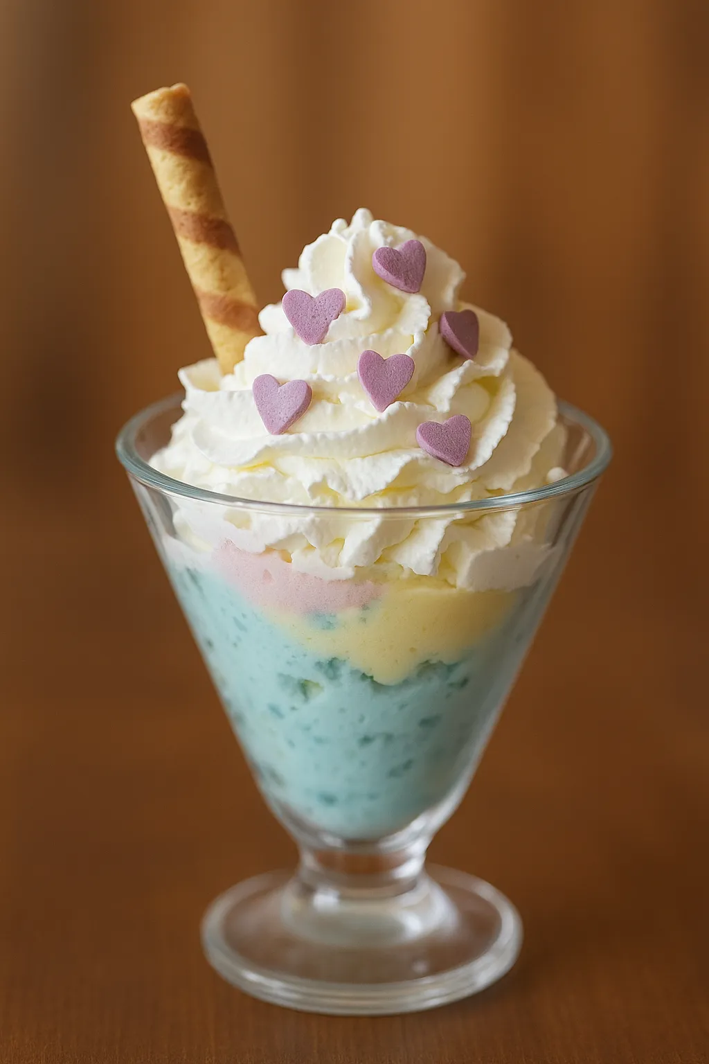 Fagylaltkehely gyerekeknek (eper fagylalt, vanília fagylalt, pillecukor, tejszínhab, gyümölcs öntet)