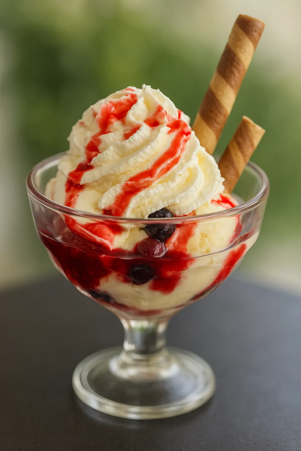 Fagylaltkehely forró gyümölccsel (vanília fagylalt, erdei gyümölcs, tejszínhab, gyümölcs öntet)