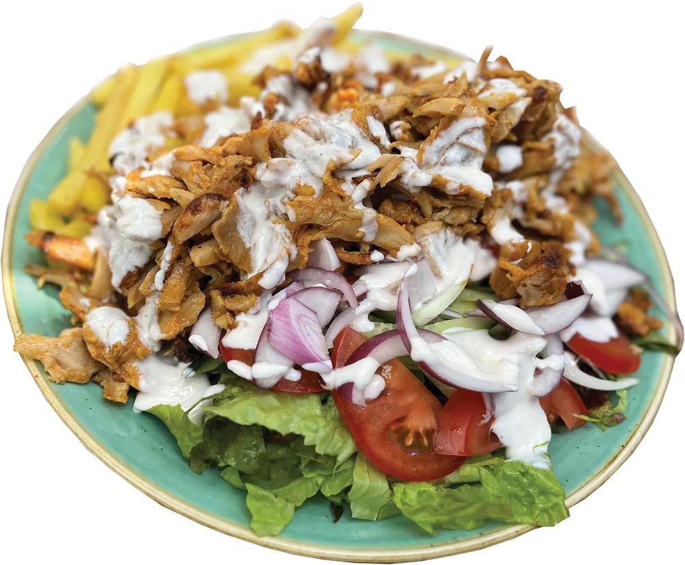 Gyros tál joghurtos-fokhagymás öntettel, friss salátával, hasábburgonyával