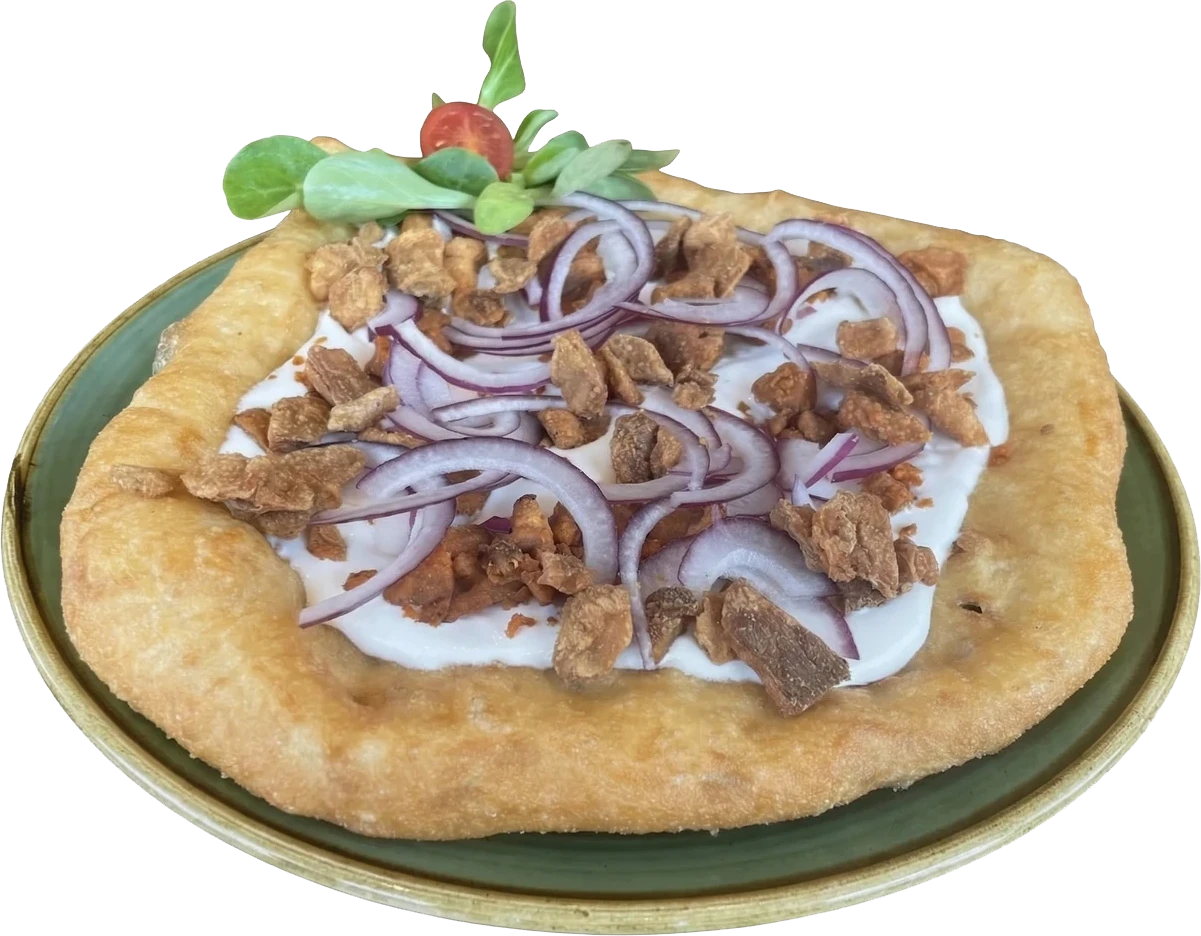 Töpörtyűs lángos (tejfölös lángos töpörtyűvel, lilahagymával)