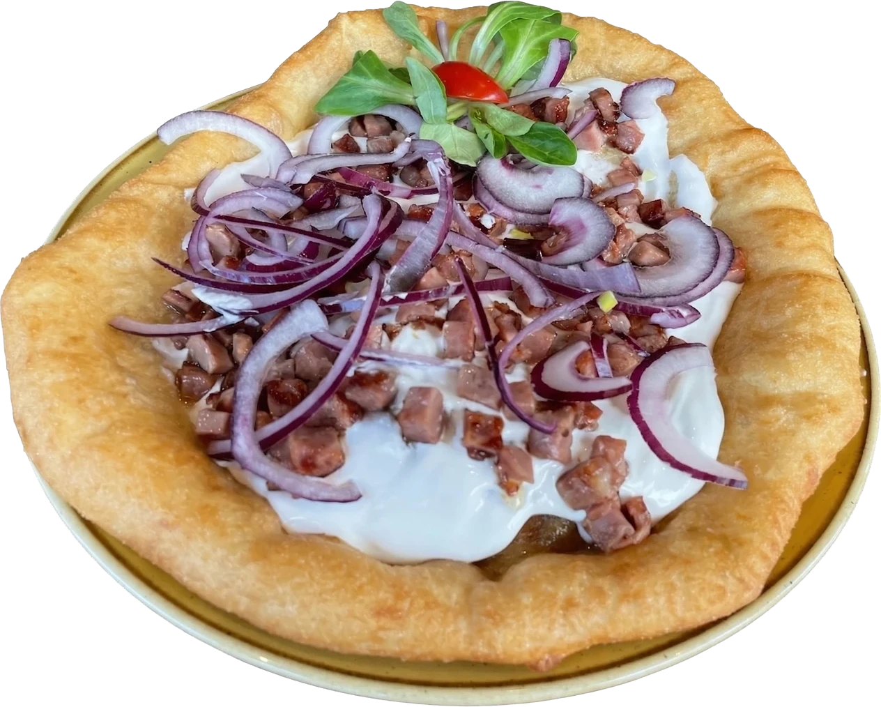 Csülkös Lángos (tejfölös lángos, füstölt csülökkel, lilahagymával)